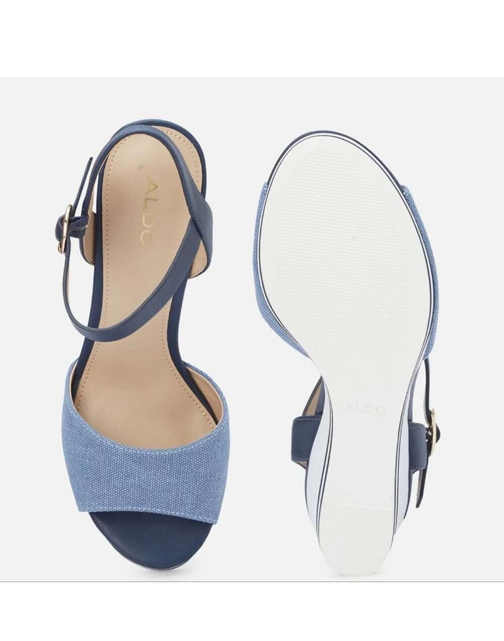 Aldo Broa Navy Blue Denim And White Stripe Platform Wedge Sandal - Picture 13 of 16